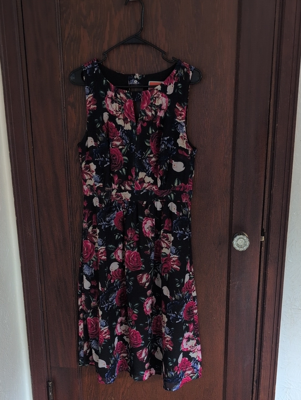 Modcloth Black Midi Dress with Pink and Purple Floral Print
